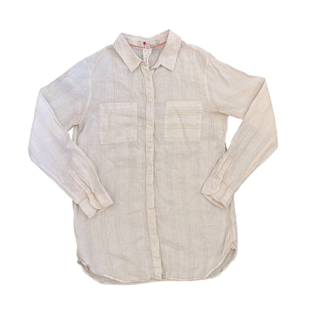 Boden White Gold Metallic Lurex Stripe Linen Button Down Shirt Size 4L